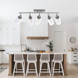 Wanluce 5 Light Track Lighting Kit Brushed Nickel Kitchen Track Lighting Fixtures Ceiling Mount Bathroom Vanity Wall Scones Light Fixture with Clear Glass, Rotatable Spotlight for Kitchen Shop Hallway