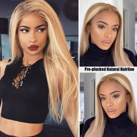 Highlights 13x4 Blonde Lace Wig Human Hair 4/12/613 Mixed Color Straight Ombre Mediun to Brown with Honey Blonde Highlight Lace Front Human Hair Wigs Pre Plucked with Bleached Knots for White Women
