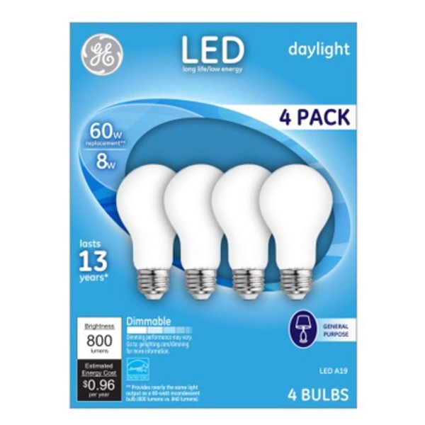 GE Lighting 93098314 LED Light Bulbs, Frosted Daylight, 8-Watts, 750 Lumens, 4-Pk. - Quantity 1