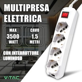 V-TAC Power Strip with Switch and Cable of 1.5 Metres, 4 Sockets 10/16 A, Shuko - Plug 16 A, Electric Socket for Home, Office, Shop, White