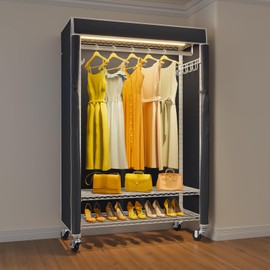VIPEK R1L Clothes Rack with Cover, Heavy Duty Garment Rack with Dimmable LED Lights, Rolling Portable Closet for Hanging Clothes Metal Clothing Rack with Wheels, White Rack with Black Cover