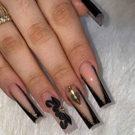 Hkanlre Bling Coffin Press on Nails Fake Nails Tips Full Cover Medium False Gradient Nails for Women and Girls 24PCS (Coffin Black)