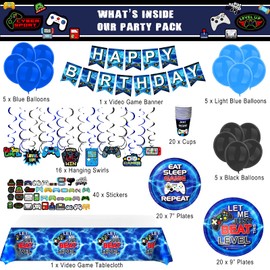 Video Games Birthday Party Supplies for 20 Guests, Blue Video Game Party Decorations Included 7' 9' Plates, Cups, Tablecloth, Birthday Banner, Hanging Swirl, Balloons, Stickers