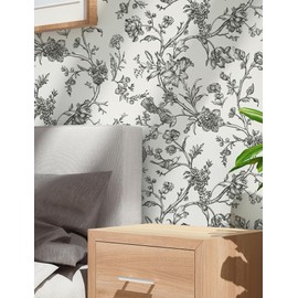 Safiyya Wallpaper Floral Birds Peel and Stick Wallpaper Black and White Contact Paper Self Adhesive Clearance Wall Paper Modern for Bedroom Vinyl Rolls 196"x17.3"