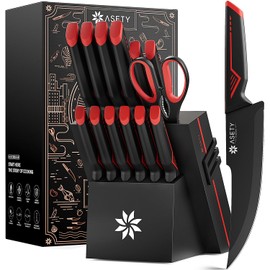Knife Set - 15 PCS Kitchen Knife Set with Built-in Knife Sharpener Block - Stainless Steel Knife Block Set - Dishwasher Safe, Elegant Box for Men Women, Red