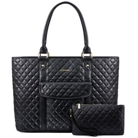 LOVEVOOK Laptop Bag for Women with Cup Holder，Waterproof Work Tote Fits for 15.6 Inch Computer,Quilted Laptop Tote Bag Features a Luggage Sleeve for Easy Carrying.Professional Laptop Purse in Black