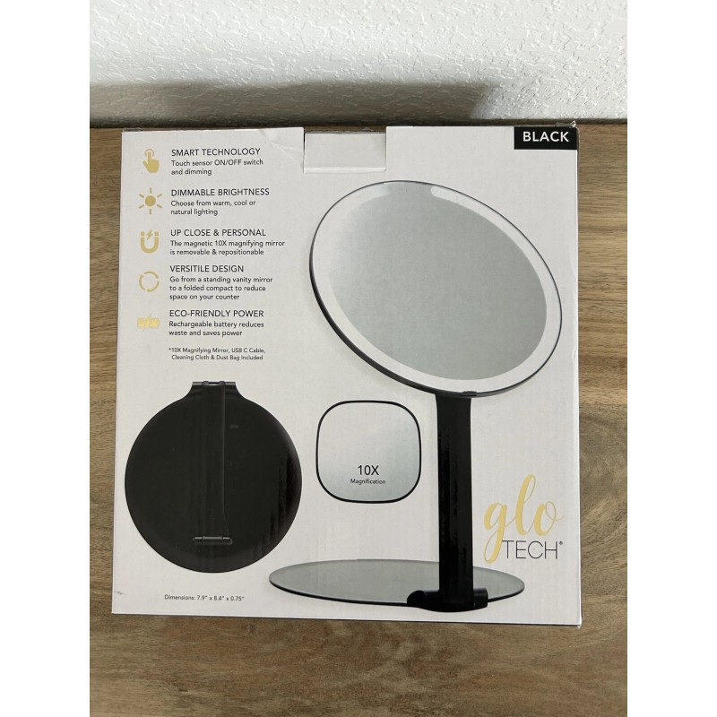 Glo Tech Foldable Travel LED Mirror Black Open Box