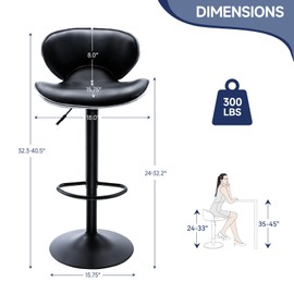 Bar Stools Set of 2, Adjustable Swivel Barstools, Modern PU Leather Counter Height Bar Chair with Back and Footrest for Kitchen Island Dining Room Café Pub (Black, Matte Black Base)