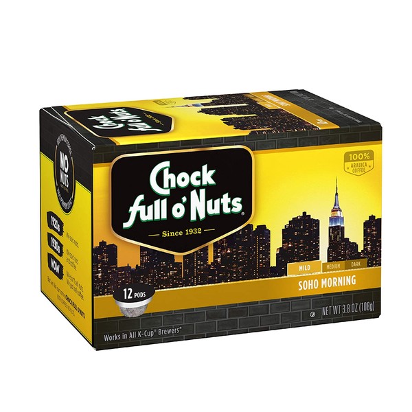 Chock Full o’Nuts Soho Morning Mild Roast, K-Cup Compatible Pods (12 Count) – Premium Arabica Coffee in Eco-Friendly Keurig-Compatible Single Serve Cups