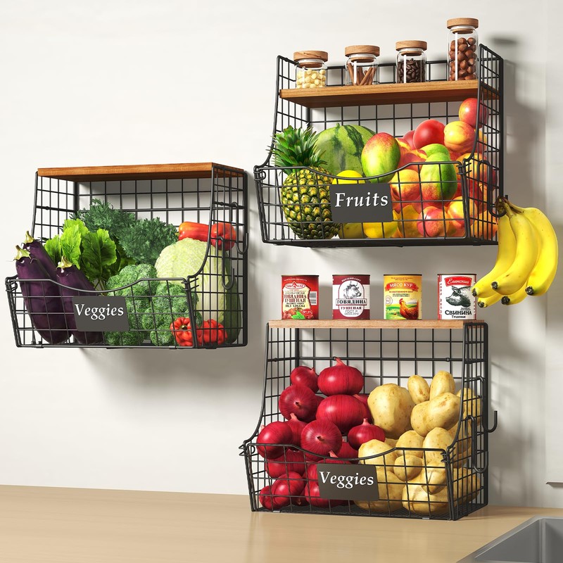 3 Pack Fruit Basket for Kitchen with Wood Lid -