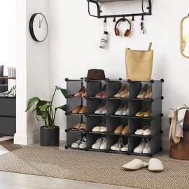 SONGMICS Shoe Rack with 16 Cubes, Interlocking Plastic Shoe Organizer, DIY Storage Cabinet for Closet Entryway Bedroom Garage, Space Saving Design, 12 x 35.1 x 27.2 Inches, Grey ULPC445G02