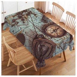 Swono Ancient World Map Table Cloth Rectangle Tables Retro Compass Skeleton Key Bronze Coin Kitchen Table Cover Oblong 52"X70" Tablecloth for Dining Table Buffet Parties Patio Camping