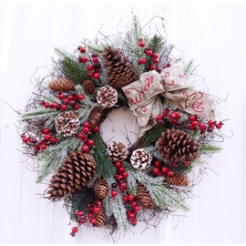 Abbie Home 20" Christmas Wreath - Artificial Winter Pine Wreath Pine Needles Spruce Red Berries Pinecones Flocked Cedar Twigs Grapevine Wreath Holiday Festival Home Farmhouse Wall Decor (Wreath)
