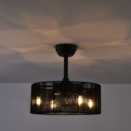 WUPYI Industrial Cage Semi Flush Mount Light with Fan,18 Inch Ceiling Fan Light with Remote Control,Black Nylon Wire Shade Design,Acrylic Blades,Enclosed Fan,Quiet Motor,Indoor Fandelier