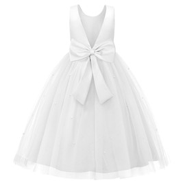 Uhnice Flower Girl Dress Satin V-Back Ball Gown for Wedding Party with Bowknot (White, 100cm /3-4T)