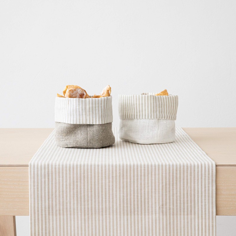 LinenMe Beige Natural Striped Linen Cotton Basket Jazz, MEDIUM (20
