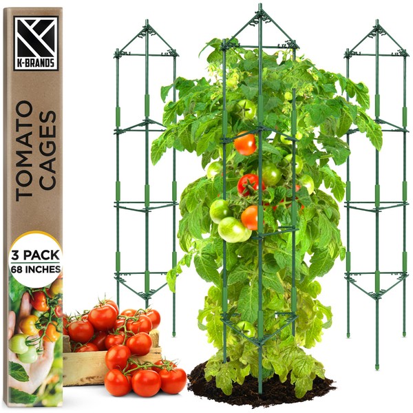 K-Brands Tomato Cage - Tomatoes Plant Stakes Support Cages Trellis for Garden and Pots (3 Pack - Extra Tall Upto 68 inches)