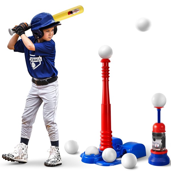 Erixazs T Ball Set for Kids 3-5,T Ball Sets with Automatic Pitching Machine,Adjustable Batting Tee,and 6 Balls,Toddler Baseball Toys Outdoor Toys for Kids Ages 3 4 5 6 7 8 9 10 11 12
