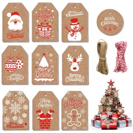 100 PCS Etiquetas de Regalo de Navidad, Etiquetas de Regalo de Papel Kraft Navideñas con Cuerda, 10 Patrones de Etiquetas Adecuado para la Decoración de Regalos de Fiesta de Navidad