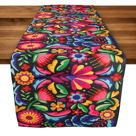 TAOPE Colourful Floral Table Runner, Summer Table Runner, Linen, 40 x 140 cm, Mexican Colourful Vintage Table Runner for Home, Kitchen, Dinner, Holiday, Party, Table Decoration