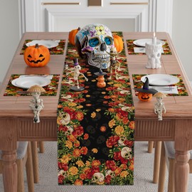XCHI Sugar Skull Marigolds Floral Dia De Los Muertos Table Runner Day of The Dead Mexican Table Decoration for Home Kitchen Dining Holiday Fiesta Themed Party Decor 13x120 Inch