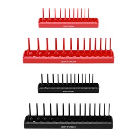 AIRTOON 1/4-Inch & 3/8-Inch Drive Socket Organizer Trays, 4-Piece SAE and Metric Socket Tray Set, Deep and Standard Socket Holders Organizers for Toolbox, Black & Red