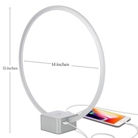 Brightech Circle - LED Modern Bedroom Nightstand Lamp - Super Bright Bedside Table Reading Light, Dimmable to Night Light - Great On Side & End Tables - USB Port- Titanium Silver