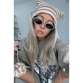 Cat Beanie Cat Ear Beanie Winter Hats for Women Crochet Hat Cute Striped Cuffed Warm Hats Funny Ski Hat Winter Headgear Brown