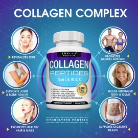 Collagen Peptides 5 Types Complex 1800 mg – Skin, Hair, Nails & Joint Support – 90 Capsules – Daily Wellness Supplement