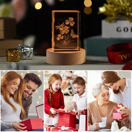 YouerCrystal 3D Crystal Four Leaf Clover Dragonfly & Butterfly Design - LED Illuminated Decorative Cube Lamp, Birthday Gifts for Kids Women, Christmas Gift