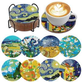 EDLMKM 8 PCS Diamond Painting Coasters Kits, Round DIY Diamond Art Cup Drink Coasters with Holder, Kits for Adults Kids Beginner, Stress-reducing Crafts Painting, Full Round Drill Gem Art for Adults