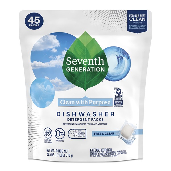 Seventh Generation Dishwasher Detergent Packs for Sparkling Dishes Free & Clear Dishwasher Tabs 45 Count