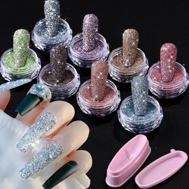 Sparkling Crystal Diamond Nail Glitter Set, 8 Colors Holographic Sparkle Glitter Dust, Flash Diamond Purple Blue Shiny Sugar Dipping Pigment DIY Manicure Nail Art Decoration(with Pink Recycling Box)