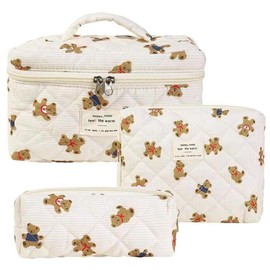 3Pcs Cotton Quited Makeup Bag Set, Quilted Makeup Bag, Large Floral Cosmetic Bag for Women, Cute Cotton Makeup Bags, Flower Travel Toiletry Organizer Bag makeupbag set lip balm - Color: 011
