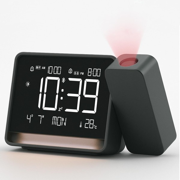 VORRINC Projection Alarm Clock with Bluetooth Time Sync, 180° Rotating