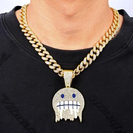 paupuri Hip - Hop Jewelry Men Style Iced Out Miami Mens Cuban Link Chain Gold Sliver Smiley Face Pendant Grimace Necklaces Chains For Men 18-20-24in with Unique Charms