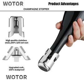 WOTOR Champagne Stoppers Stainless Steel, Prosecco Bottle Stopper with Food Grade Silicone, Reusable Champagne Cork & Saver, Leak proof Keep Fresh (Silver, 6 Pack)