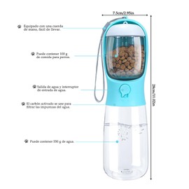 LURI Botella de Agua y Comida para Perro Dos en Uno, Dispensador Portátil Con Cuerda, Bebedero Grande para Caminatas (Azul)