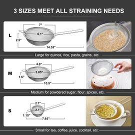 Walfos Fine Mesh Strainer Set of 3, Stainless Steel Wire Strainers for Kitchen, Multipurpose Metal Fine Sieve with Handle, Perfect for Food, Rice, Quinoa, 2.7", 4.6", 7"