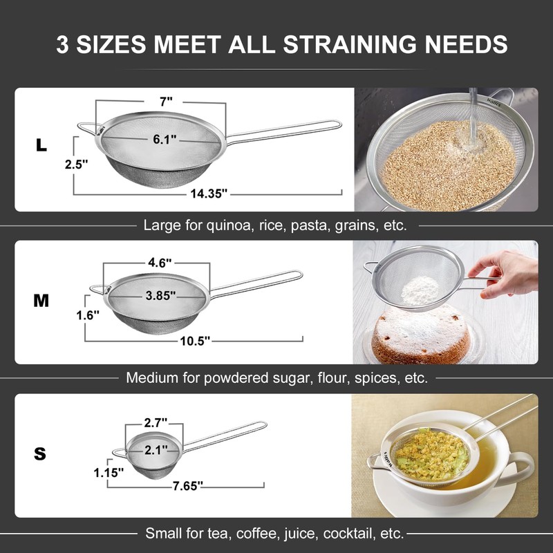 Walfos Fine Mesh Strainer Set of 3, Stainless Steel Wire