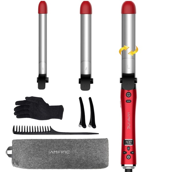 IAMFINE 1.25 Inch Automatic Curling Iron, (3/4, 1, 1.25) Rotating Hair Curler with Ceramic Coating Barrel, Professional Curling Wand Instant Heat up to 430°F,Include Heat Resistant Glove Red
