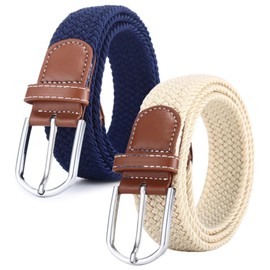 flintronic Unisex Fabric Belt, Stretch Belt, Elastic Fabric Belt, Stretch Braided Stretch Belt, Stretchy Belt for Men and Women, Width 3.3 cm/Length 107 cm, F-Beige+Blue