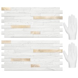 STICKGOO 20 Sheets Peel and Stick Backsplash Tile, Stick on Backsplash for Kitchen and Bathroom, White Sandstone Look PVC Mixed Metal Gold Self Adhesive Wall Tiles