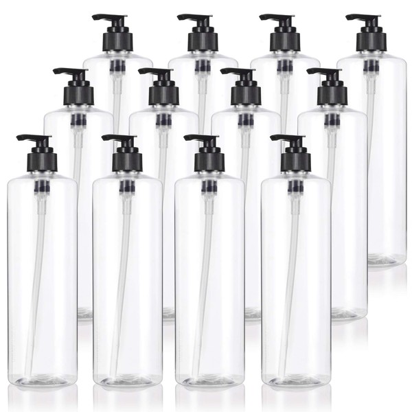 Clear 16 oz / 500 ml Professional Cylinder Plastic PET Bottles (BPA Free) with Black Lotion Pump (12 Pack)