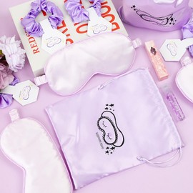 TKNOUS 32 Pcs Sleepover Party Supplies for Women Sleepover Birthday Party Favors with Satin Eye Mask Satin Hair Scrunchies Lip Gloss Gift Bag for Sleepover Squad Spa Birthday Party (purple)