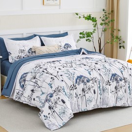 Yiran 7 Piece Blue Dandelion Botanical Comforter Set Queen Size, Floral Plant Comforter Bedding Set, Bed in a Bag Queen, Soft Microfiber Complete Bedding Set with Sheets for All Season