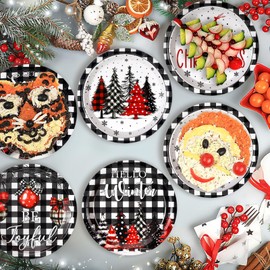 Fourluoo 96 Pcs Christmas Black White Buffalo Plaid Paper Plates Disposable Peppermint Dinner Plates for Xmas Birthday Party Table Decor