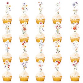 60 Pcs Wildflower Birthday Cupcake Toppers Decorations Floral Birthday Baby Shower Party Decor Garden Floral Fairy Party Theme