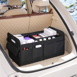 Caja de Almacenamiento Grande para Maletero de Coche, Plegable con 3 Compartimentos y 12 Bolsillos, Organizador de Maletero Portátil Antidesorden (Negro)