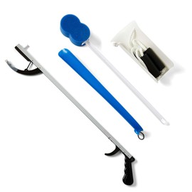 Medline Economy Hip Kit, Mobility Aids Ideal for Hip Surgery Recovery, 4-Pieces, 26" Grabber Reacher, Shoehorn, Sock-Aid, and Contoured Bath Sponge